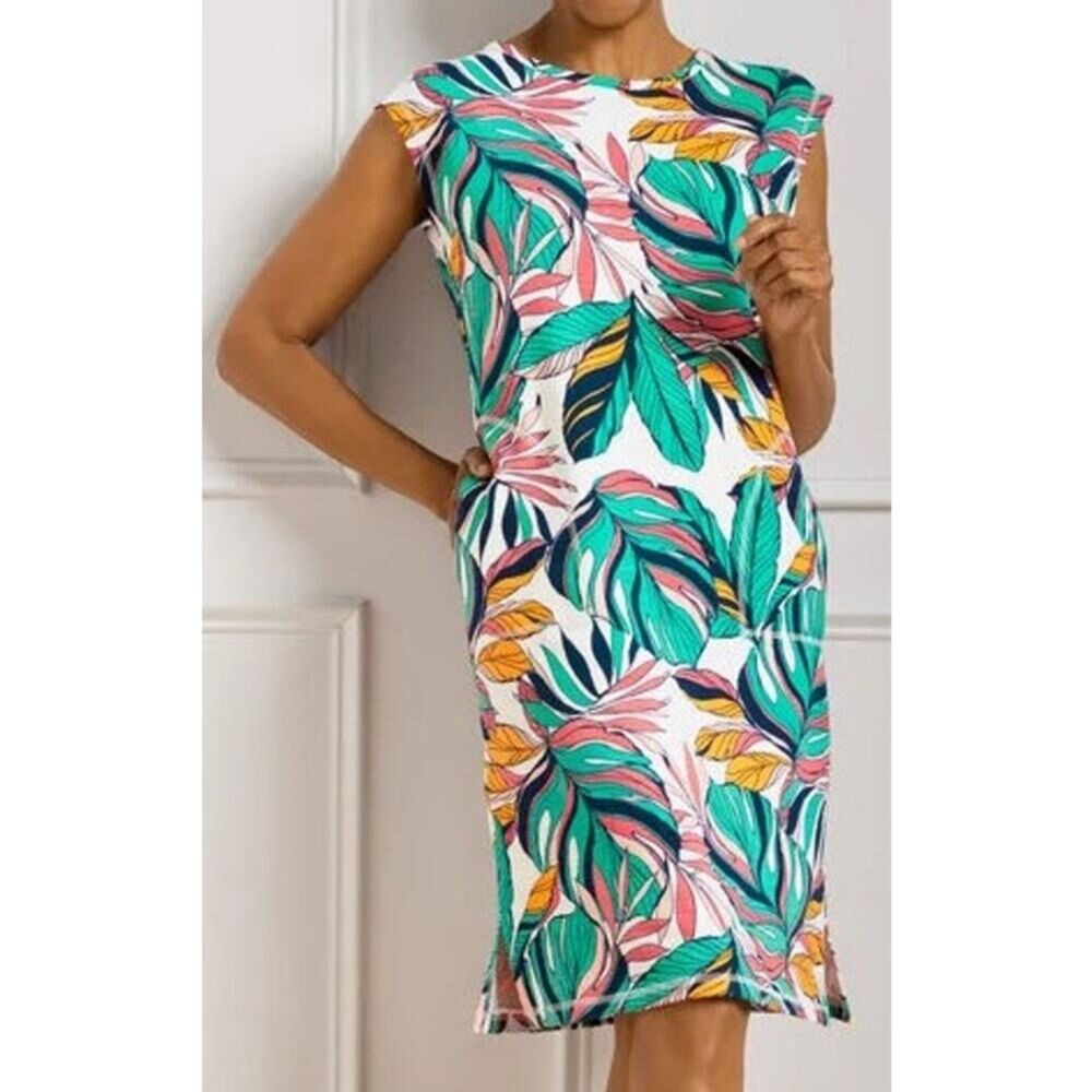 T by Talbots SPF 50 Green Teal, Yellow & White Tropical Palm Print Dress